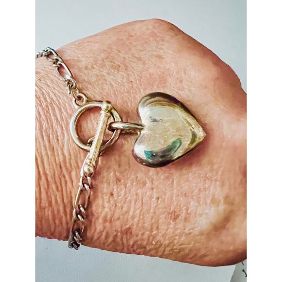 Vintage Made in Korea Puffy Heart Toggle Bracelet 90s Y2K Gold Silver Tone - Picture 1 of 9